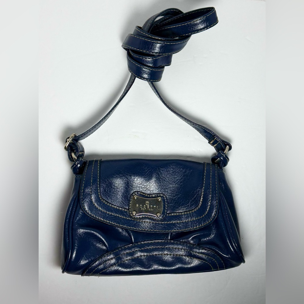 Vintage 90s Rossetti Navy Blue Crossbody Purse Adjustable Strap Chrome Hardware